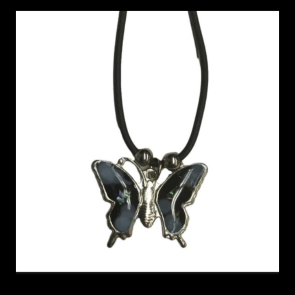 Butterfly Multi Colors On Black/Silver Pendant On 18" Black Leather